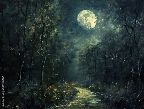 A moonlit path leads through a dark and mysterious forest, casting long shadows on the ground.