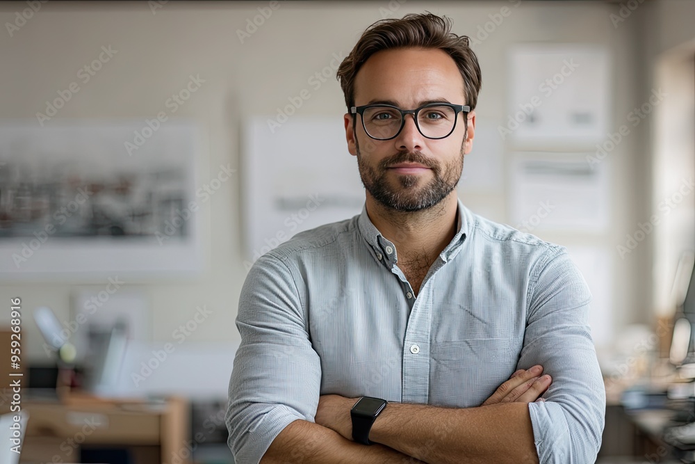 A portrait of a man in a light blue shirt. This photo is perfect for portraying confidence, success, and professionalism. A portrait of a man in a light blue shirt. This photo is perfect for portraying confidence, success, and professionalism.