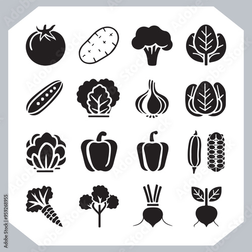 Set of vegetables black silhouette Carrot, potato, tomato, cucumber, onion, garlic, cauliflower, bell pepper, cabbage vector icon in white background.