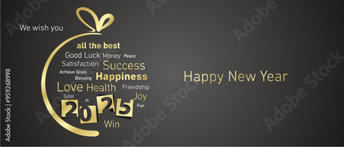 Happy New Year 2025 golden negative space numbers abstract christmas ball wordcloud text white black background vector greeting card