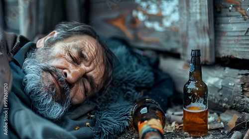 A man sleeping on the ground next to empty beer bottles, highlighting issues of homelessness and substance use.