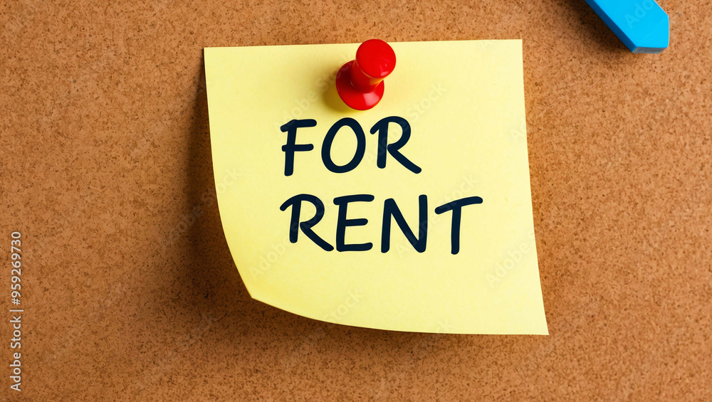 for rent word written on a note sticky on corkboard for rent word written on a note sticky on corkboard