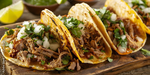 Delicious carnitas tacos with succulent pork and fresh cilantro served on a rustic wooden platter photo