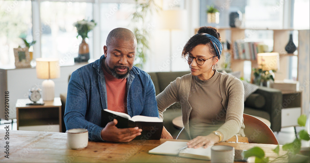Couple, people and home with reading bubble for religious or spiritual guidance, belief and knowledge. Relationship, love and Christians with scripture or verse on holy book to worship and faith Couple, people and home with reading bubble for religious or spiritual guidance, belief and knowledge. Relationship, love and Christians with scripture or verse on holy book to worship and faith