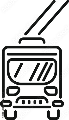 Simple line art icon of a trolleybus driving with its trolley poles connected to the wires above