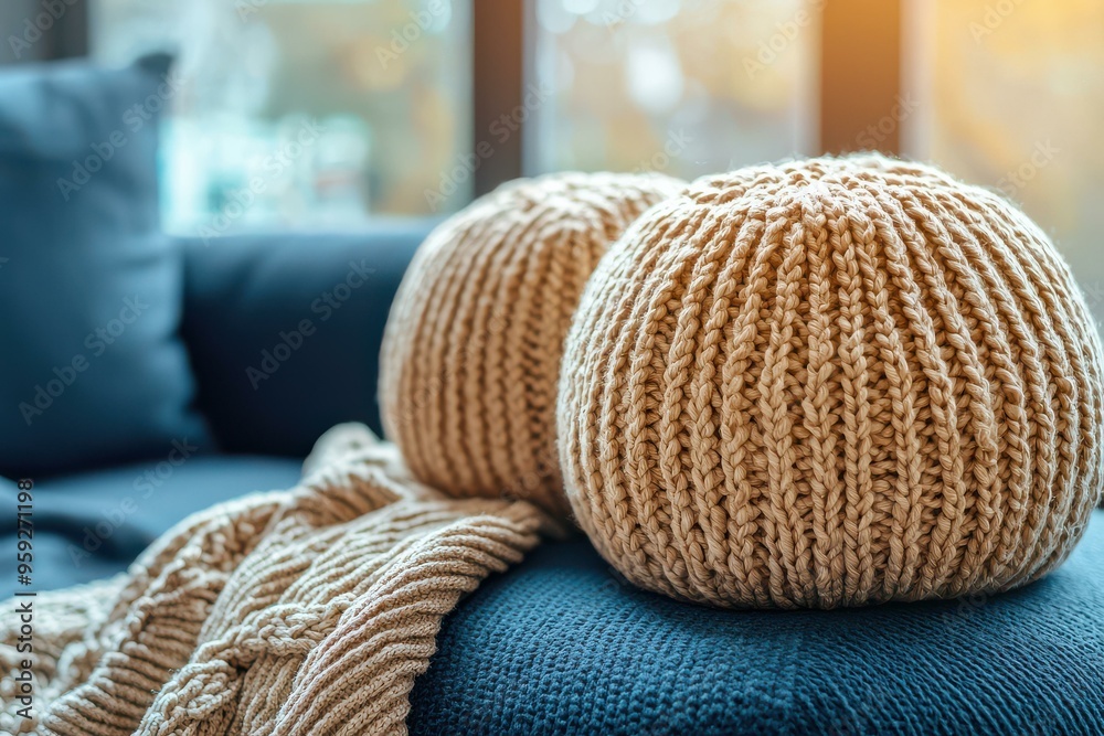 Close-up of knitted poufs and a cozy blanket on a teal sofa in a modern living room Close-up of knitted poufs and a cozy blanket on a teal sofa in a modern living room