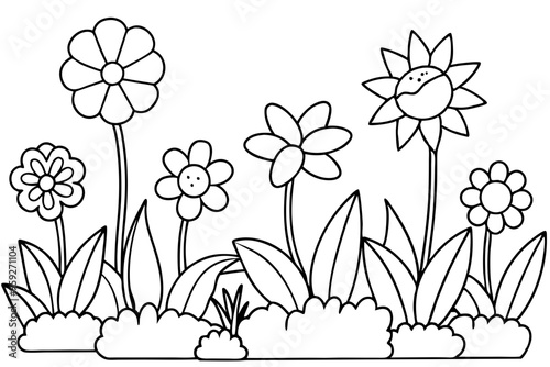 Single Line Drawing of a Flower Garden Coloring Page for Kids Vector Art Illustration photo