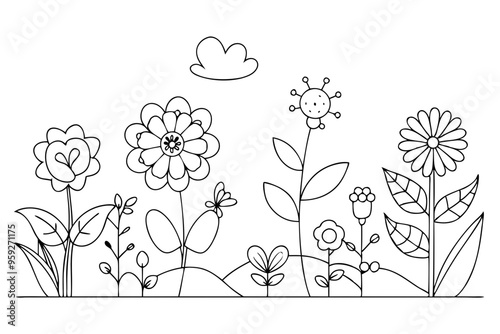 Single Line Drawing of a Flower Garden Coloring Page for Kids Vector Art Illustration photo