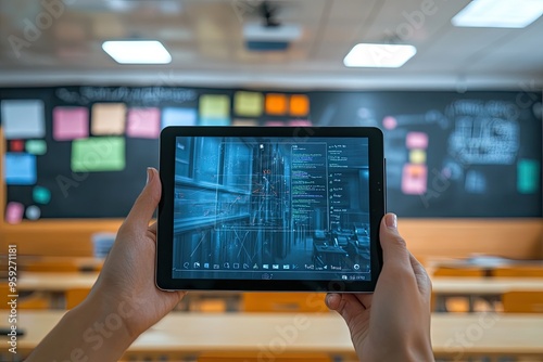 A hand holds a tablet in a classroom. The tablet displays a digital overlay, indicating data visualization. This image is perfect for representing technology, data analysis, and modern education.