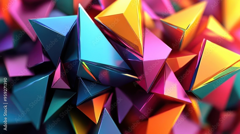 Layered prismatic triangles with sharp edges, abstract background, vibrant color scheme