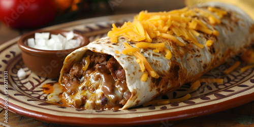 Savory authentic bean and cheese burrito with golden tortilla, creamy filling, and rich flavors in traditional Mexican style photo