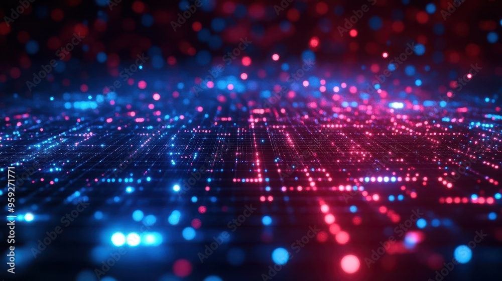 Red and blue particles in a holographic grid, technology tone, Analogous Color Scheme, futuristic digital system, top view, structured particle arrangement in tech environment