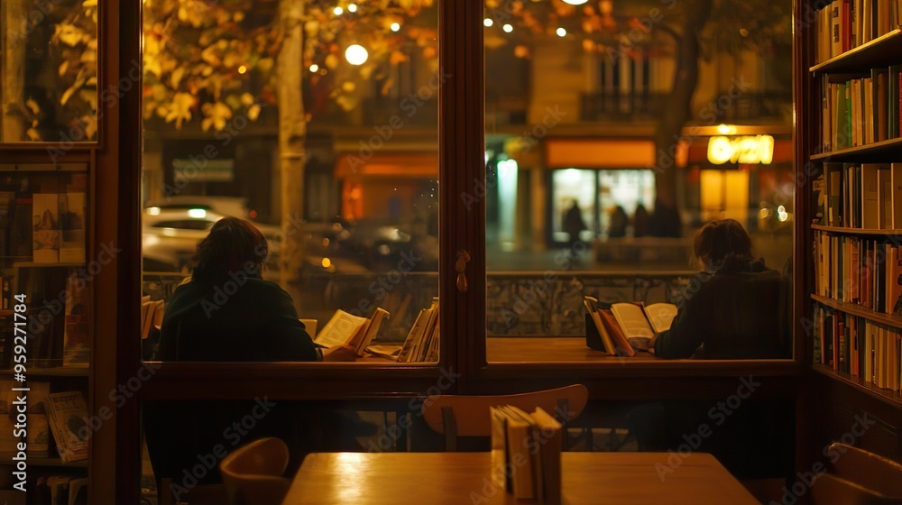 Naklejka premium Cozy coffee in the evening, reading in the café