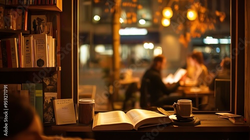 Cozy coffee in the evening, reading in the café