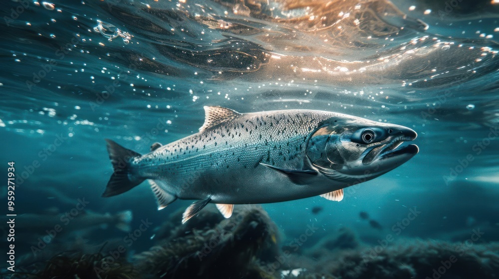 A large salmon swims underwater near the ocean floor, displaying its distinctive dark spots. A large salmon swims underwater near the ocean floor, displaying its distinctive dark spots.