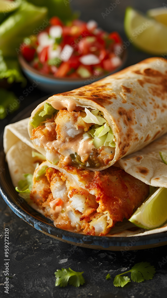 Savory fish burrito with crispy battered fish, creamy chipotle sauce, and fresh salsa in traditional Mexican style