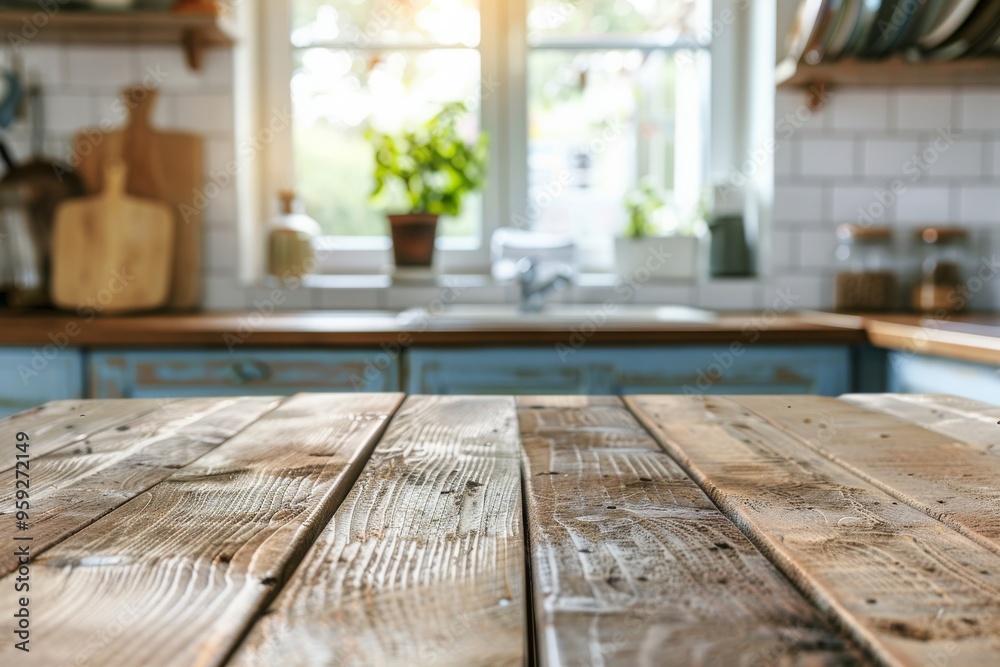 Rustic Wooden Tabletop in a Bright Kitchen Rustic Wooden Tabletop in a Bright Kitchen