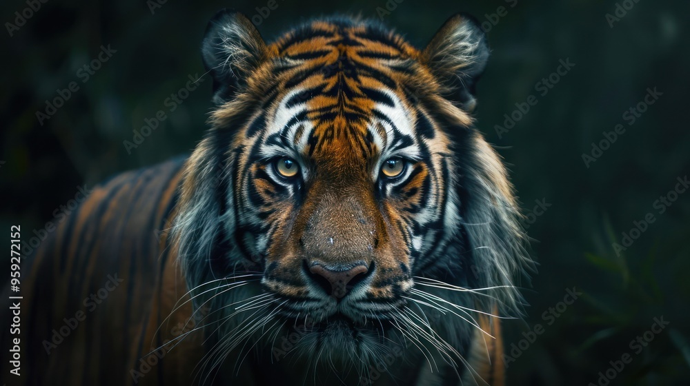 A tiger's head and upper torso are illuminated by a focused light source, A tiger's head and upper torso are illuminated by a focused light source,