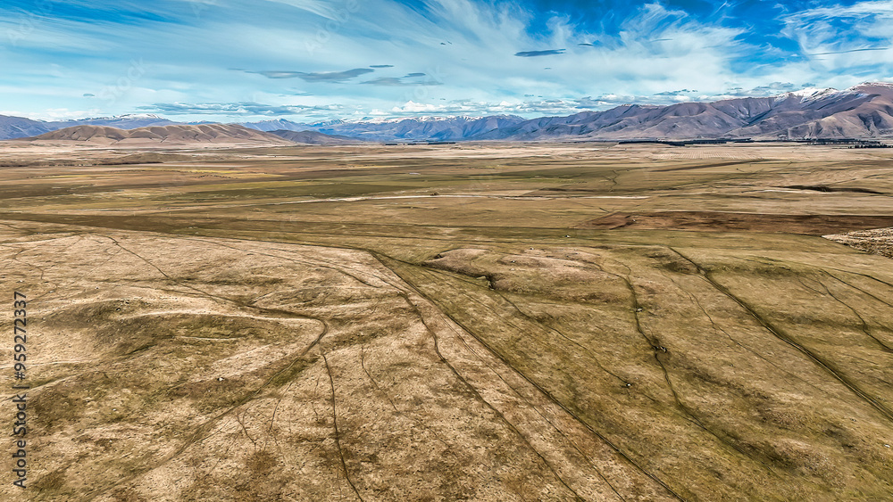 Obraz premium The way to Lake Ohau and the southern alps through alpine grasses and tundra terrain