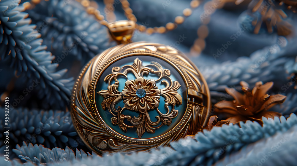 Gold Ornate Pendant with Blue Gemstone on a Soft Blue Background Gold Ornate Pendant with Blue Gemstone on a Soft Blue Background