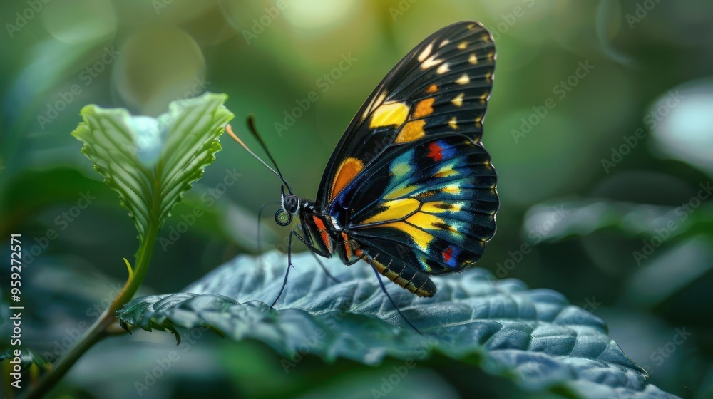 Fototapeta premium A vivid butterfly, with striking yellow and black wings, lands on a leaf,