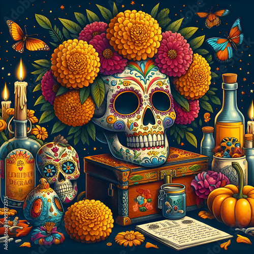 Day of the Dead Illustration with Marigold Flowers Sugar Skull and Personal Mementos