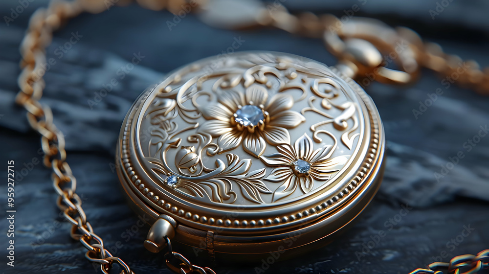 Golden Pocket Watch with Floral Design Illustration Golden Pocket Watch with Floral Design Illustration