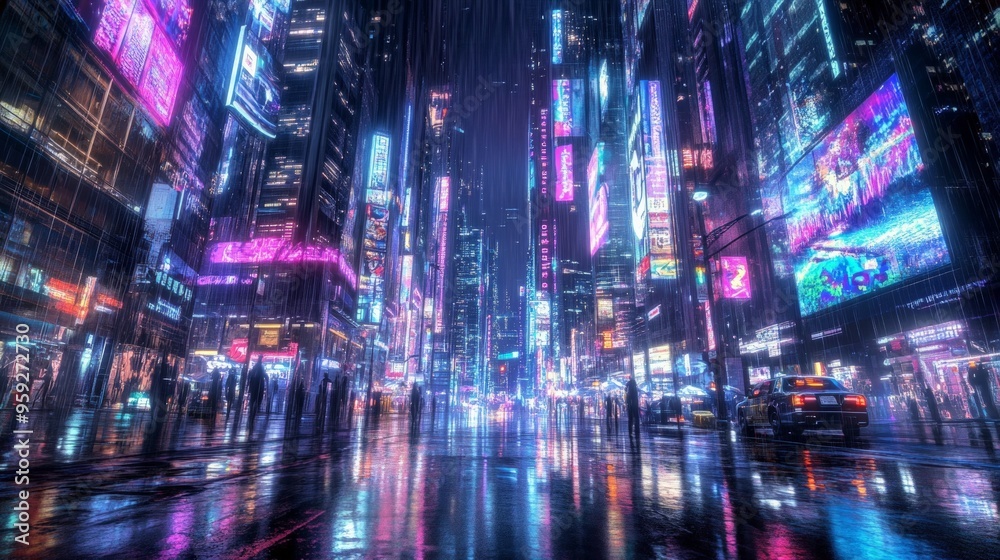 High-tech cityscape at night with glowing skyscrapers and holographic billboards, neon lights reflecting High-tech cityscape at night with glowing skyscrapers and holographic billboards, neon lights reflecting