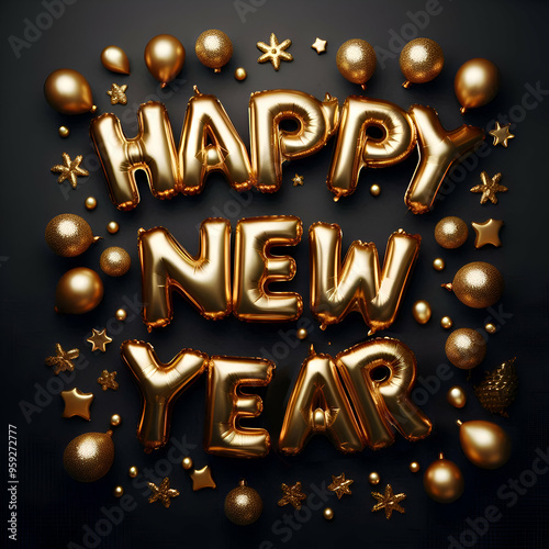 Gold Balloon Letters Forming the Text Happy New Year with a Black Background