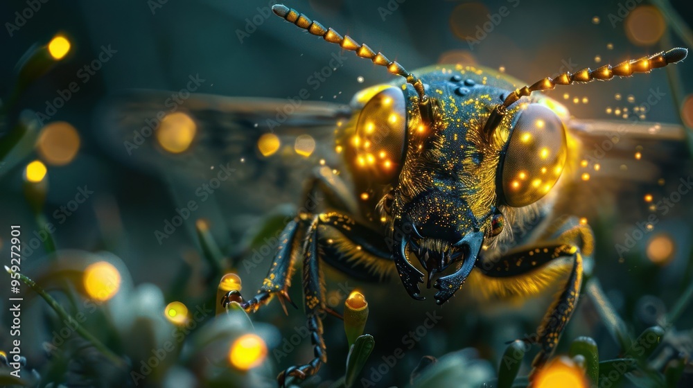 A close-up image of a bee with brightly glowing wings, A close-up image of a bee with brightly glowing wings,
