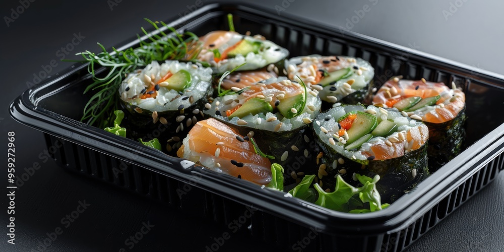 Sushi Rolls with Salmon Avocado Rice and Seaweed Nori in a Takeaway Container Japanese and Asian Food Delivery Business Hygienic Hands in Gloves Sushi Rolls with Salmon Avocado Rice and Seaweed Nori in a Takeaway Container Japanese and Asian Food Delivery Business Hygienic Hands in Gloves