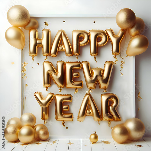 Gold Balloon Letters Forming the Text Happy New Year with a White Background
