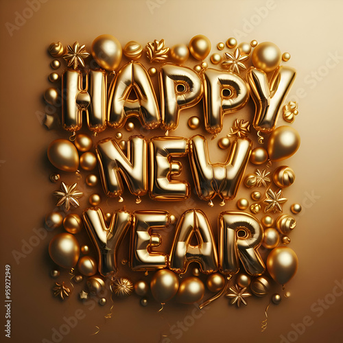 Gold Balloon Letters Forming the Text, Happy New Year with a Gold Background