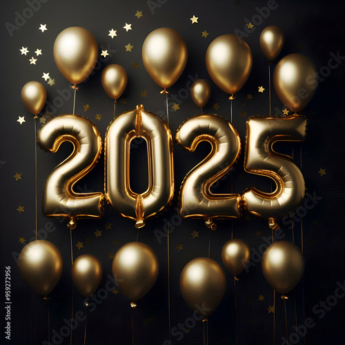 Gold Balloon Numbers Forming the 2025 Text with a Black Background