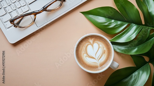 Serene Minimalist Workspace: Laptop, Coffee, and Reading Glasses Aerial View. Tranquil Productivity in Modern Office Aesthetics. photo