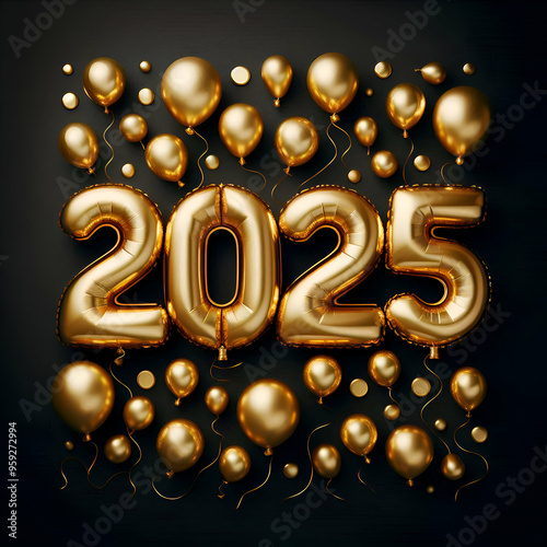 Gold Balloon Numbers Forming the Text 2025 with a Black Background