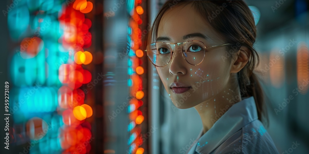 Obraz premium Female scientist analyzing data on a glowing digital interface, symbolizing innovation in technology and data science