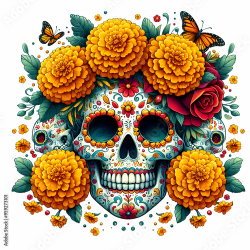 Illustration with Marigold Flowers Sugar Skull, Image of Day of the Dead