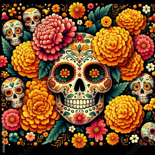 Illustration with Marigold Flowers Sugar Skulls, Day of the Dead on the Black Background