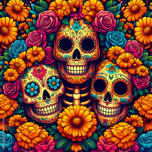 Illustration with Marigold Flowers Sugar Skulls, Day of the Dead