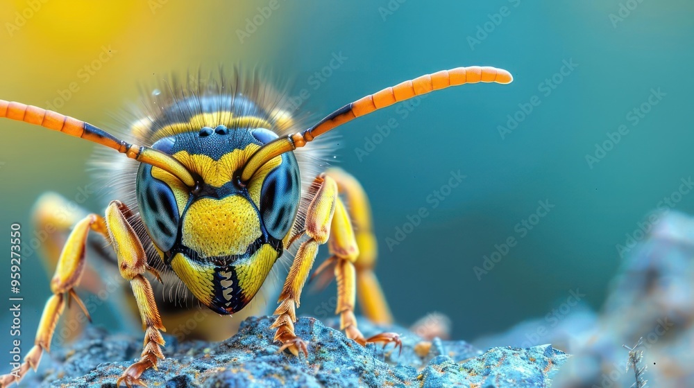 Fototapeta premium A close-up photograph of a stinging yellow and black bee on a rock.