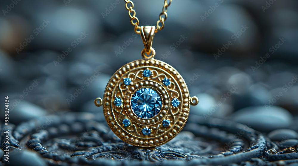 Gold Pendant with Blue Gemstone on Dark Blue Background - Illustration Gold Pendant with Blue Gemstone on Dark Blue Background - Illustration