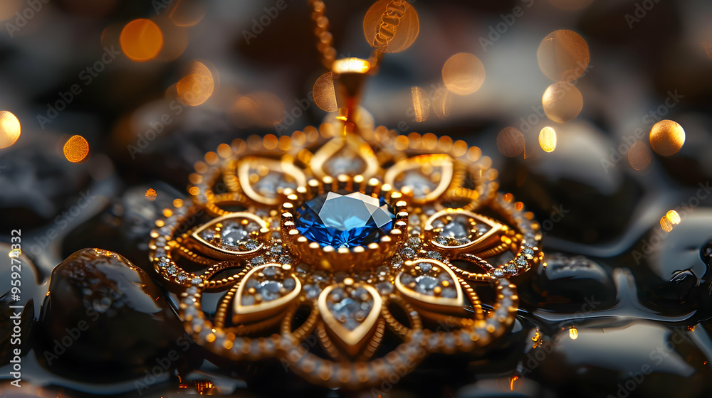 Fototapeta premium Gold Pendant with Blue Gemstone and Diamond Accents - Close-up Photo
