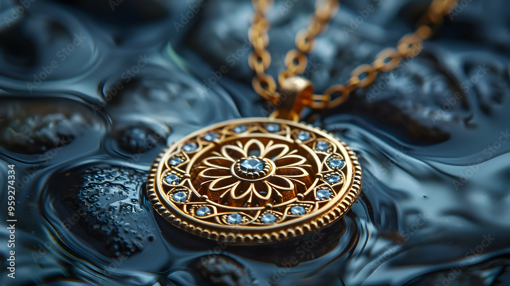 Gold Pendant with Diamond Accents on Dark Blue Water Illustration Gold Pendant with Diamond Accents on Dark Blue Water Illustration