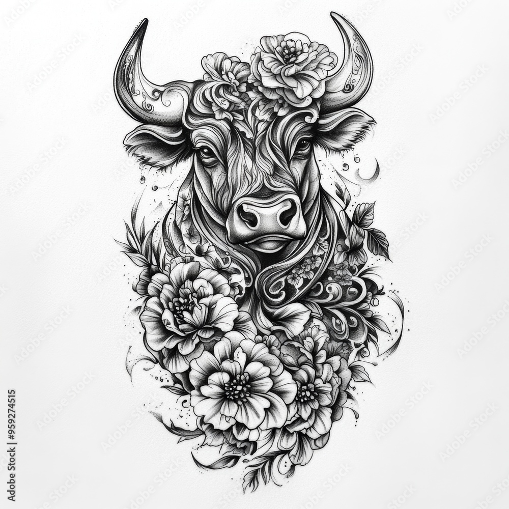 A detailed black and white illustration of a cow adorned with flowers. A detailed black and white illustration of a cow adorned with flowers.
