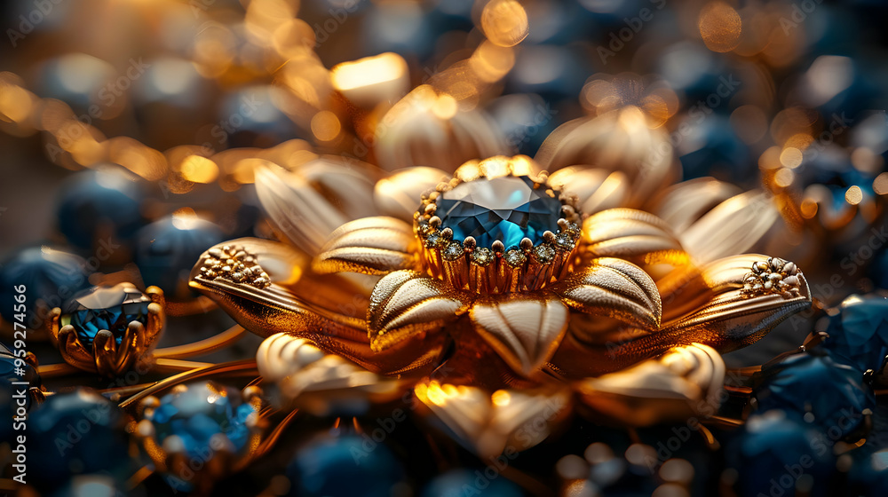 Fototapeta premium Golden Flower with Blue Gemstone Illustration