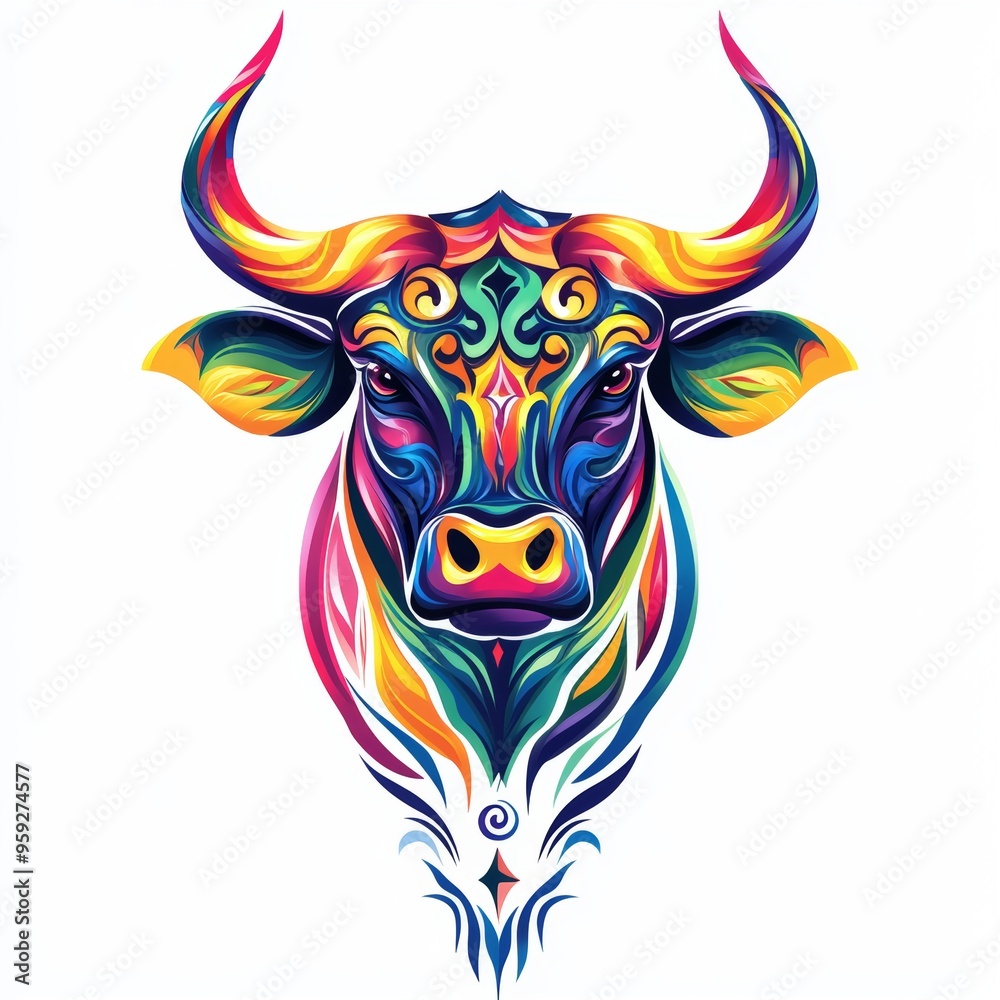 Colorful artistic representation of a bull's head with intricate designs.
