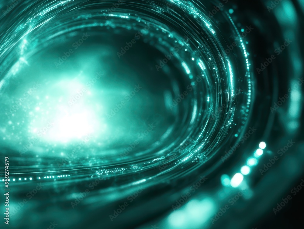 Obraz premium Abstract illustration featuring swirling teal lights, creating a sense of depth and motion in a digital space.