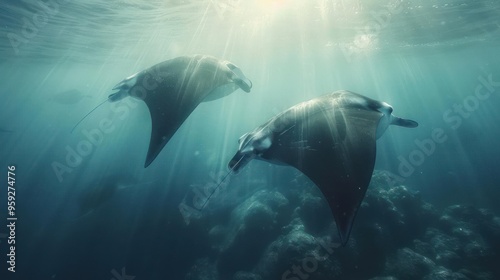 Two leopard sharks swimming in the ocean under the sunlight.