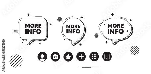 More info tag. Speech bubble offer icons. Navigation sign. Read description symbol. More info chat text box. Social media icons. Speech bubble text balloon. Vector